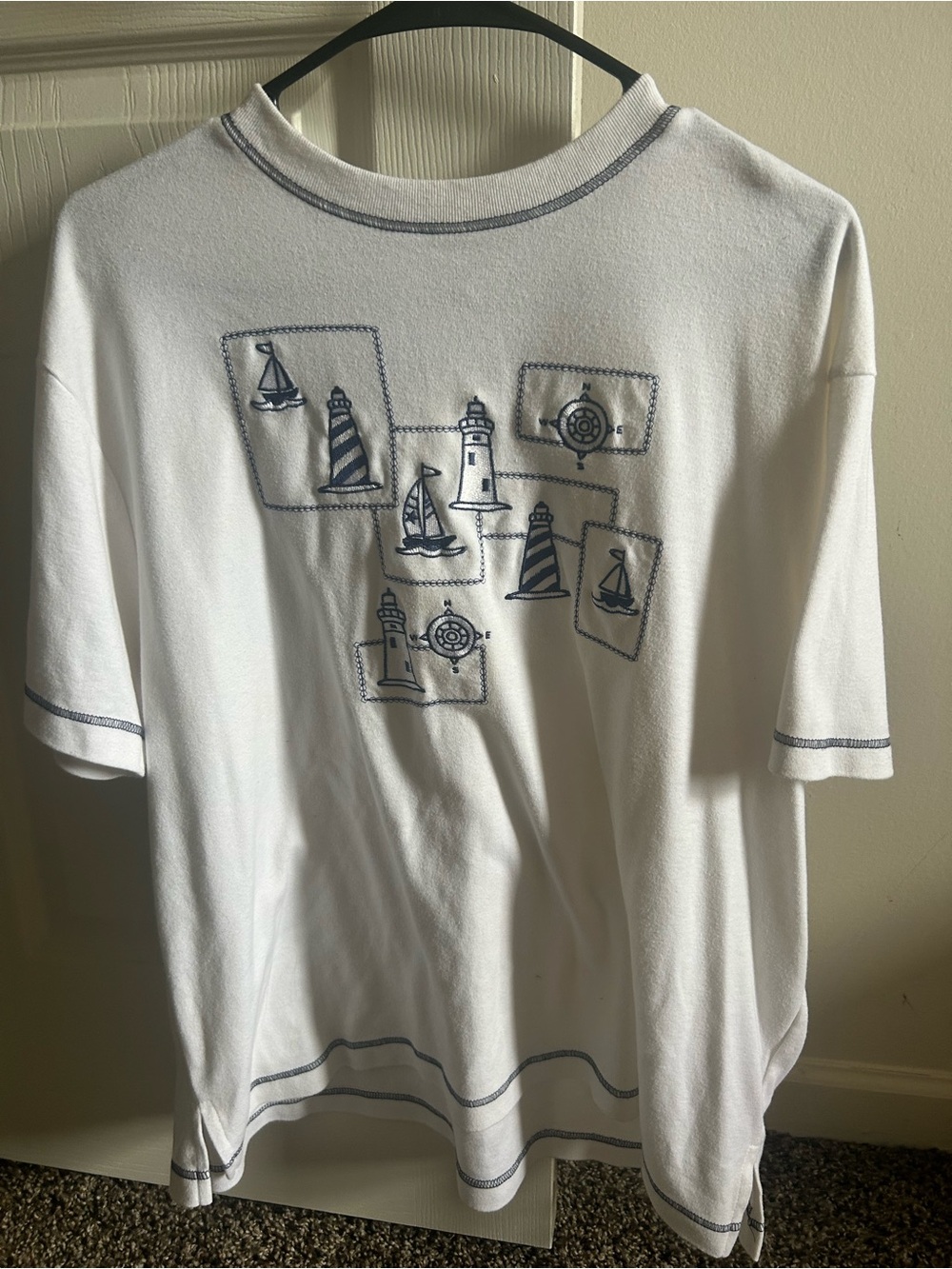 Vintage White Tee with Navy Contrast Stitching